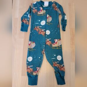 Hanna Andersson Teal Santa & Reindeer Footed One-Piece